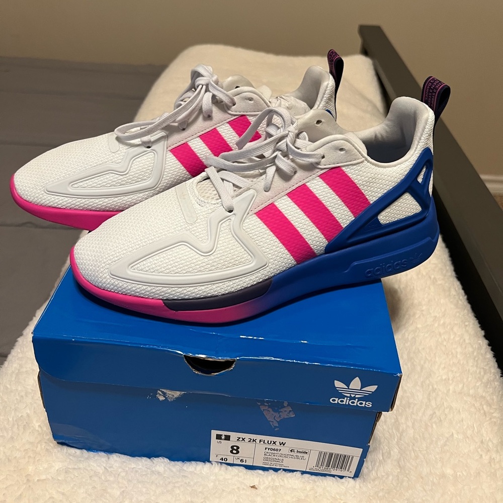 adidas Women s White Pink Blue ZX 2K Flux Sneakers